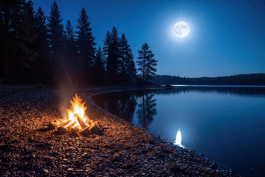 Campfire burning on lake shore at night under full moon and pine trees