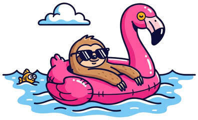 Fototapeta premium Cartoon sloth in sunglasses floating on pink flamingo inflatable ring in water on transparent background. Animal relaxing on vacation. Illustration for summer holiday and travel design.
