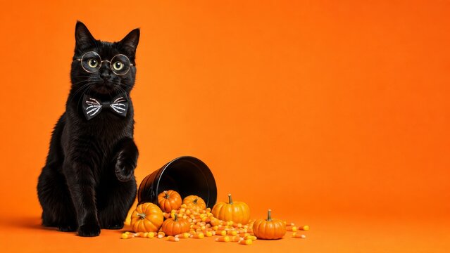 Corgi Dog in Vampire Cape with Candy Pumpkin Bucket and Pumpkins on Orange Background