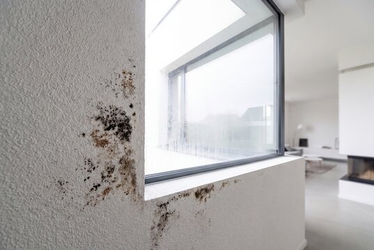 Black mold on damp wall with window condensation interior health hazard