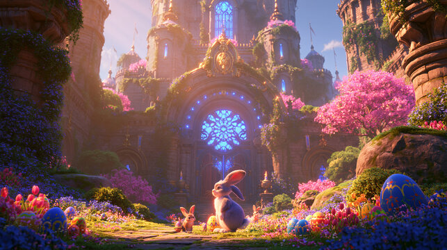 Enchanting storybook illustration featuring adorable bunnies exploring a magical fairy tale castle surrounded by blooming spring flowers and colorful Easter eggs in a dreamy landscape.