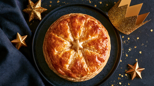 Top view of a golden flaky French Galette des Rois epiphany cake served on a dark plate, decorated with a sparkling paper crown and shimmering gold star confetti for festive celebrations.