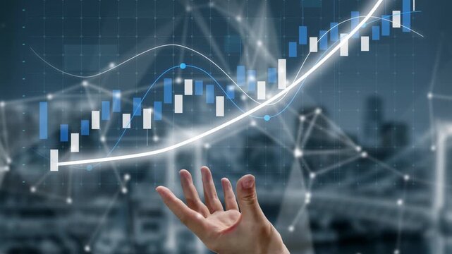 This creative illustration features a hand reaching towards a rising financial chart, symbolizing growth and aspirations in business and economic success. Copula