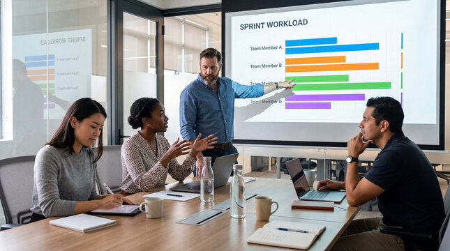 Agile team reviewing sprint workload with businessman pointing at chart on screen showing project tasks and resource allocation on a chart, analyzing team capacity, work distribution and planning