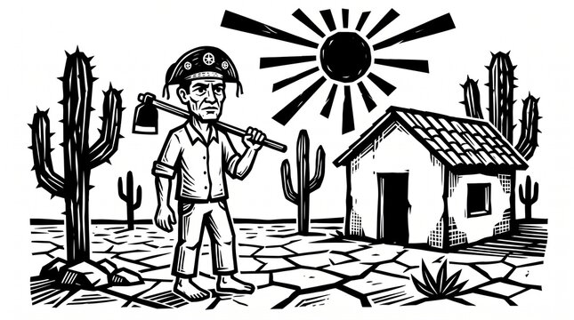Brazilian Northeast Sert&atilde;o Woodcut Illustration of a Farmer with Hoe in Dry Landscape with Cactus and Sun