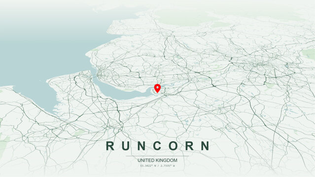 Minimalist vector map of Runcorn, Cheshire, England, United Kingdom. High-quality scalable illustration of Runcorn geographic boundaries along River Mersey estuary, Manchester Ship Canal for posters.