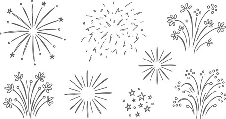 Obraz premium Set of hand drawn firework sketches isolated on white background for holiday design and celebration projects