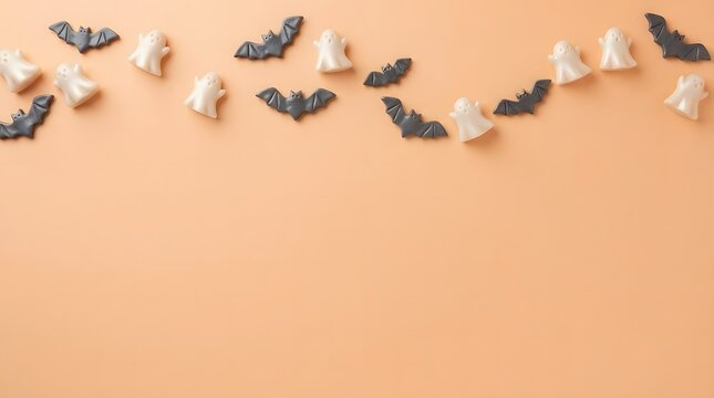 Row of cute white ghosts and dark grey bats arranged on clean light peach background.
