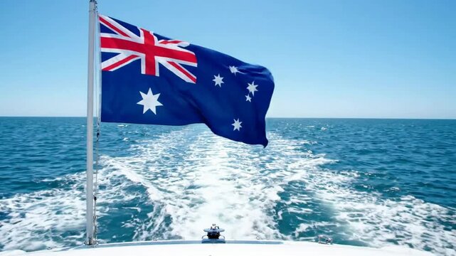 Australian flag waving on boat stern with ocean wake and clear blue sky background, national flag patriotic