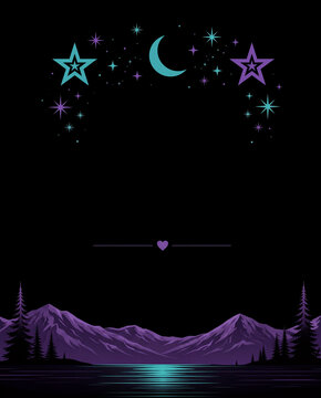 Starry night blank greeting card with copy space featuring crescent moon, purple mountains, pines, teal lake reflection, and central heart