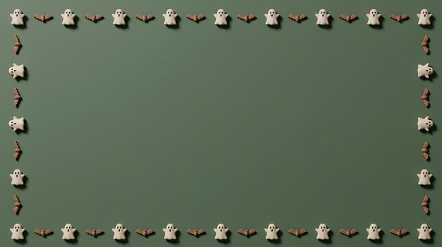 Halloween ghost figures and bat shapes creating a frame on a green background.
