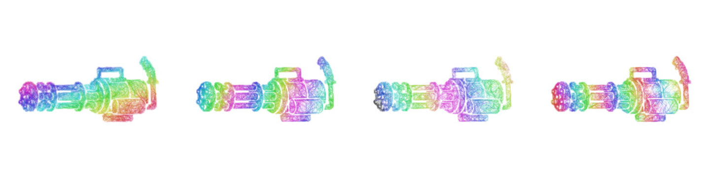 Colorful sketch minigun icon design set