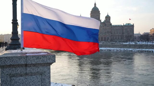 Russian flag waving in front of saint isaac's cathedral in saint petersburg, winter cityscape national flag