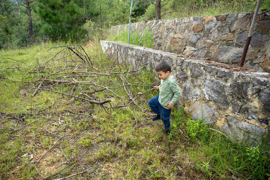 Ni&ntilde;o peque&ntilde;o jugando con ramas secas en el patio de una casa de campo en Hidalgo, M&eacute;xico.