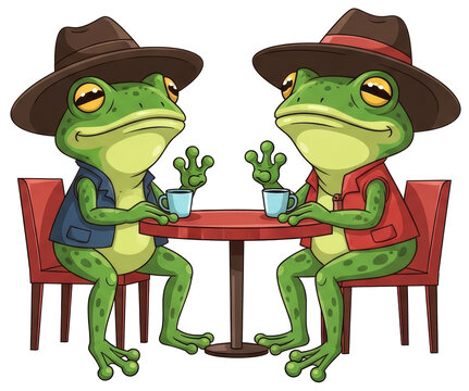 Two cute frog wearing cowboy hat sitting at table with coffee cup on transparent background. Cartoon animal character concept for funny greeting card, educational story and illustration.