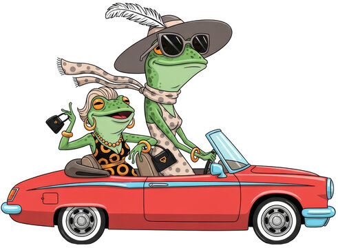 Two stylish women frogs driving a vintage convertible car on transparent background. Fun cartoon illustration of fashionable amphibians on a road trip. Summer leisure and travel concept.