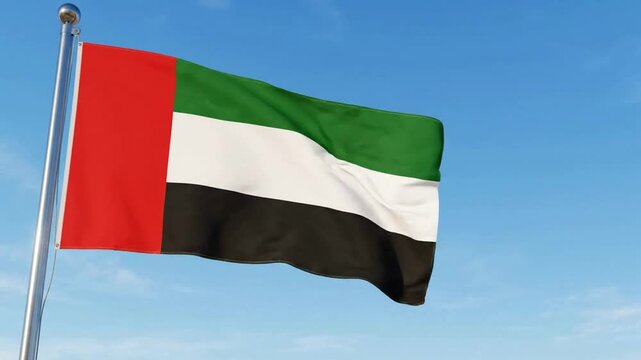 United arab emirates flag waving in the wind against a clear blue sky, realistic 3D animation national flag