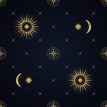 Sun and moon celestial seamless pattern on dark background