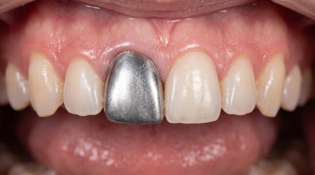 Close up of a metal dental crown coping on a front tooth