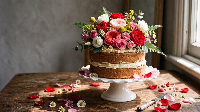 Beautiful naked cake decorated with fresh colorful flowers on a rustic wooden table
