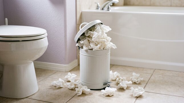 Overflowing trash can filled with crumpled tissues on a bathroom floor