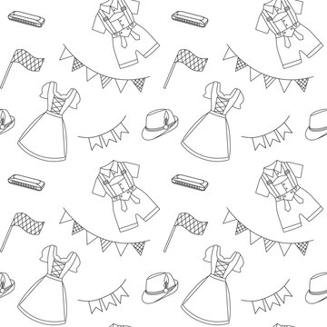 Black and white doodle pattern of Oktoberfest with Bavarian flag and traditional clothing. Simple sketch for festival posters and promotional materials