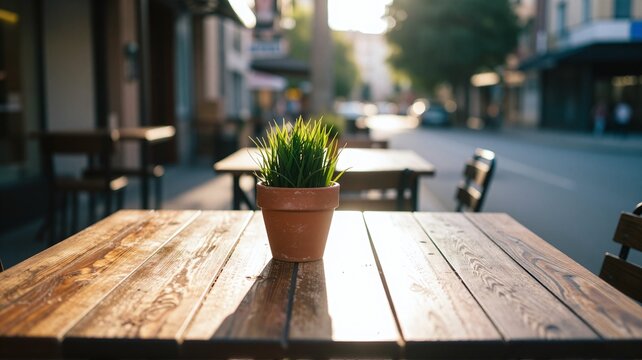 Plant on table at outdoor sidewalk cafe.