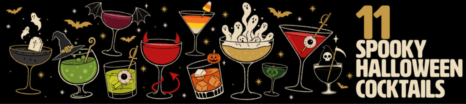 Halloween party cocktail menu elements with spooky themed drinks including ghosts pumpkins and bloody eyeballs on a black background