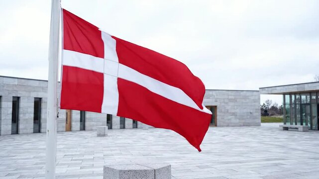 Danish flag waving in the wind outside modern government building or corporate office denmark national