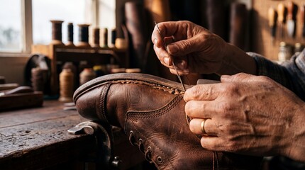 Obraz premium shoemaker shoe repair leather craft artisan workshop local service traditional shoe repairer hand stitches a worn leather boot inside a traditional workshop for community outreach campaigns