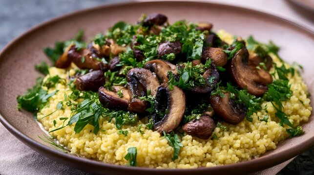 A bowl of millet porridge topped with saut ed mushrooms and fresh chopped parsley  presented on a rustic ceramic plate