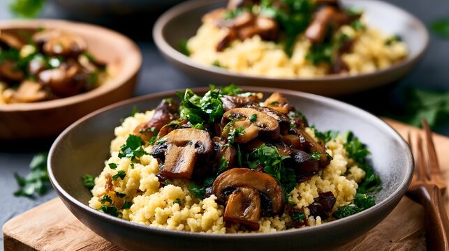 Three bowls of couscous topped with saut ed mushrooms and fresh parsley  served on a wooden board with a fork