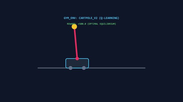 Cartpole v2 q-learning reinforcement learning simulation: ai agent achieving optimal equilibrium in a gym environment animation 4k