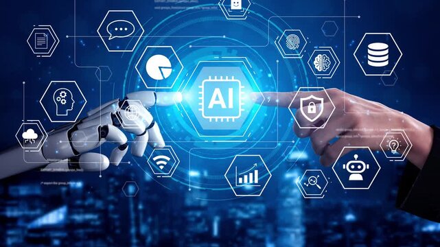 Human and robot hands reaching towards an AI core symbol, representing the intersection of technology, innovation, and artificial intelligence in today society Gluon.