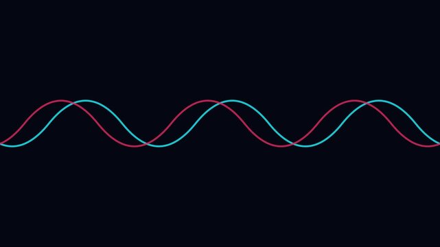 Abstract sine wave animation: intertwining pink and cyan oscillating lines on dark 4k background, for technology and, science motion
