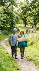 Fototapeta premium Children in knight and explorer costumes reading a map on a park path, representing adventure and imagination