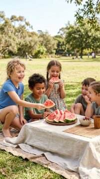 Joyful children sharing watermelon slices at a sunny outdoor picnic, laughing and enjoying summer food on a linen tablecloth.