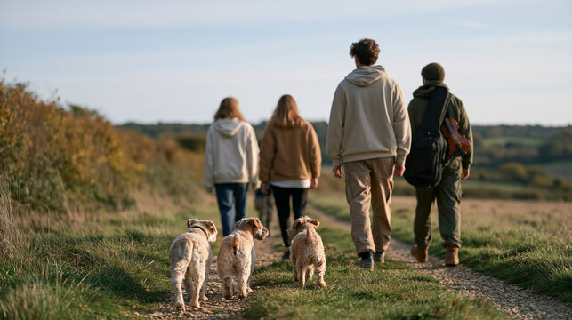 A diverse group of children walk three small dogs along a quiet rural footpath in afternoon grey light, a violin case carried by one child suggesting a classical music rehearsal