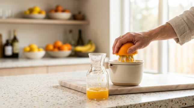 Hand squeezing fresh orange for juice into glass carafe on terrazzo counter in bright minimalist kitchen with copy space