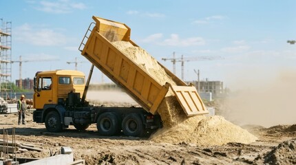 Fototapeta premium Dump truck unloading sand at construction site, creating dust plume against blue sky, logistics and heavy equipment in action