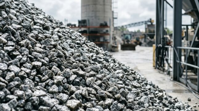 Pile of wet crushed granite stone close-up at production site, wet texture detail, industrial background with machinery and silos