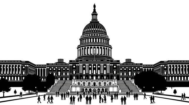Black and white silhouette illustration of the United States Capitol building with people.