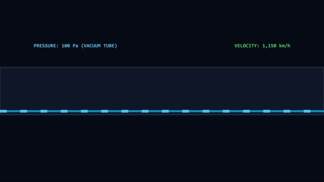 Hyperloop train concept animation: high-speed vacuum tube travel simulation with velocity and pressure data display 4k