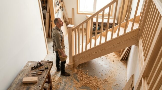 Carpenter working on wooden staircase renovation with sawdust in bright home workshop, high-angle view with copy space