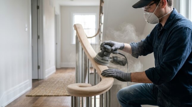 Worker sanding curved wooden handrail with orbital sander, creating smooth finish for home renovation project