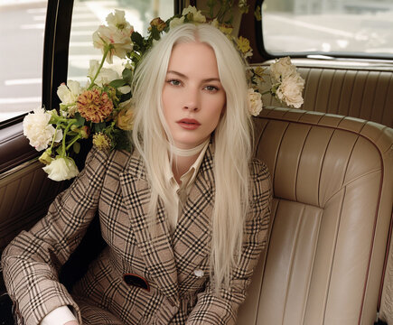 Platinum haired woman surrounded by cream flowers inside a beige car. Ideal for fashion advertising, floral editorials, and luxury lifestyle campaigns.