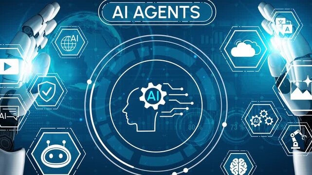 Digital representation of artificial intelligence agents with robotic hands and futuristic icons symbolizing technology, innovation, and automation. Entropy.