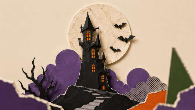 Black paper haunted castle on a rocky hill with lit windows, bare tree and bats crossing a pale moon in a Halloween collage