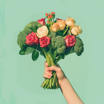 Large bouquet combining broccoli florets with pink and cream roses. Perfect for creative food advertising, floral campaigns, and sustainable lifestyle branding.