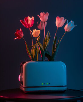 Pink and blue toaster filled with glowing red and blue tulips. Ideal for surreal product advertising, kitchen branding, and floral editorials.